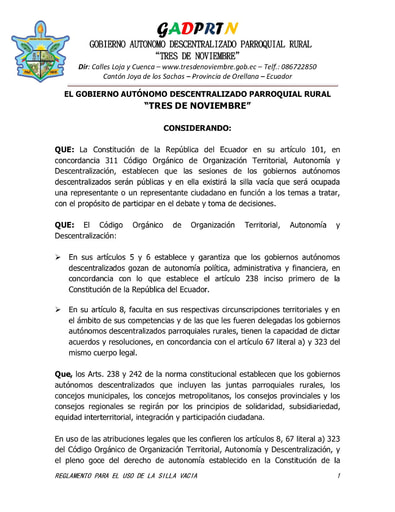 Literal a3) Reglamento para la particpacion de la ciudadnia en la silla vacia